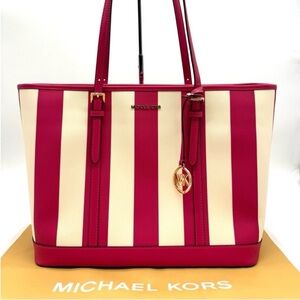Michael Kors Fuchsia & Cream Vertical Stripe Tote with Gold Charm, Never Carried